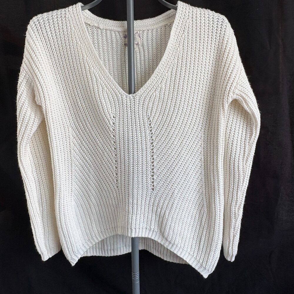 Hippie Rose Cream Chunky Knit V Neck Sweater L Open Knit Pointelle Pullover